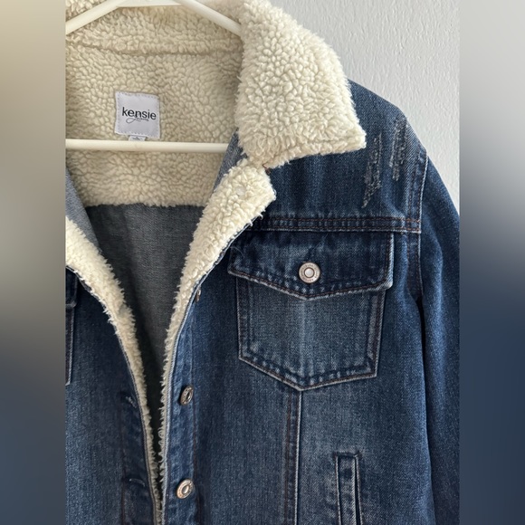 Kensie Jean Sherpa Jacket Distressed Medium Blue Wash Stretch Denim Size Large - Picture 3 of 10